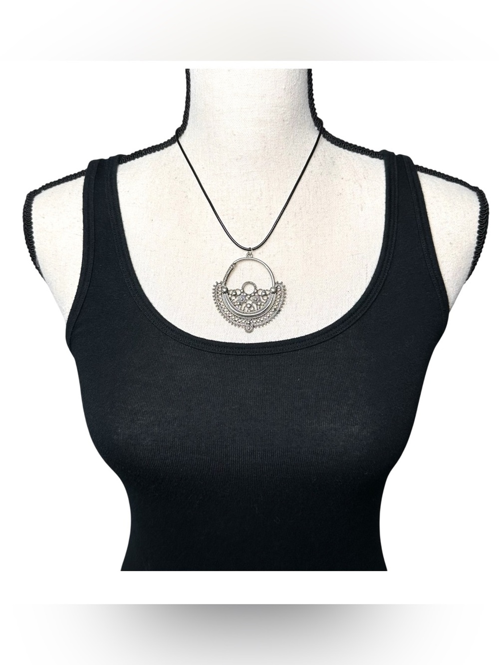 🩶 Large Ornate Silver Tone Pendant on Black Cord
